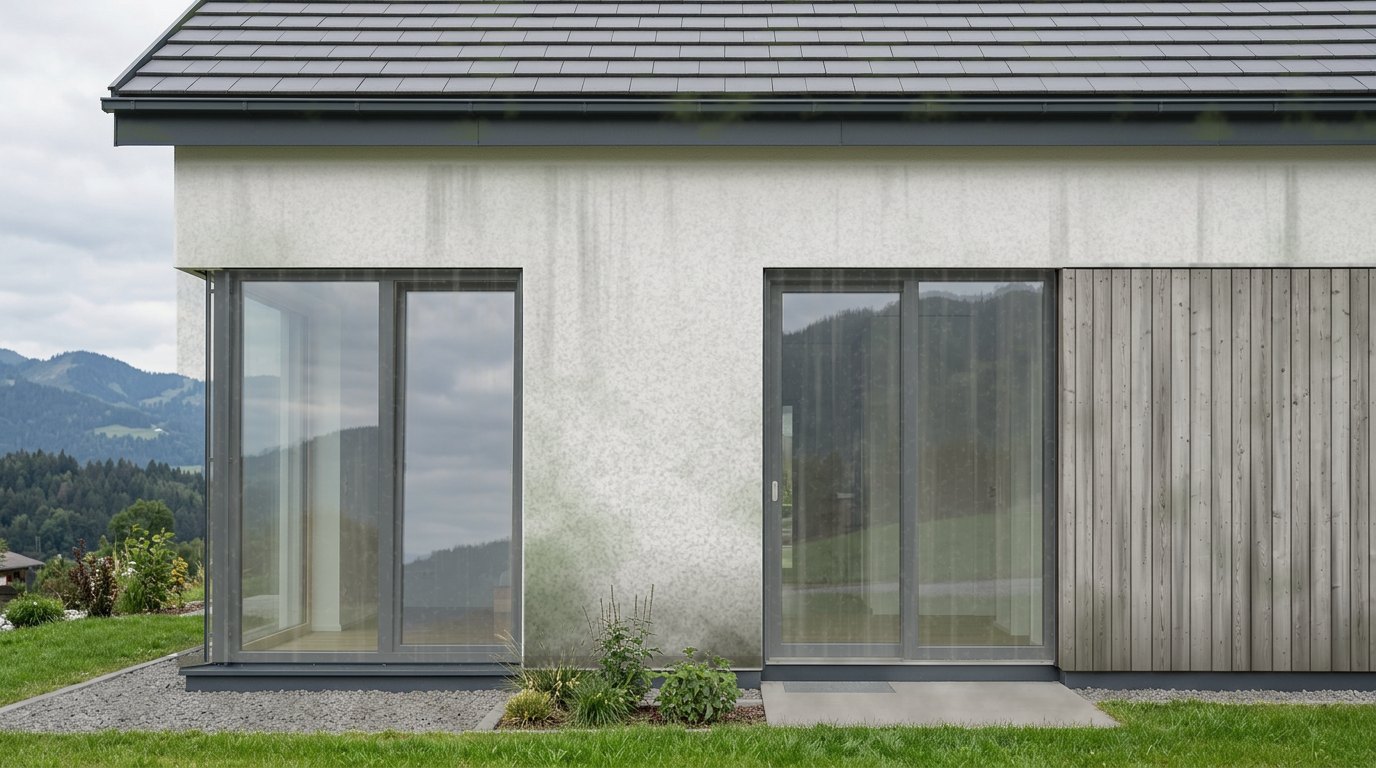 Vorher: Verschmutzte Fassade mit Algen und Schmutzläufern vor der Reinigung