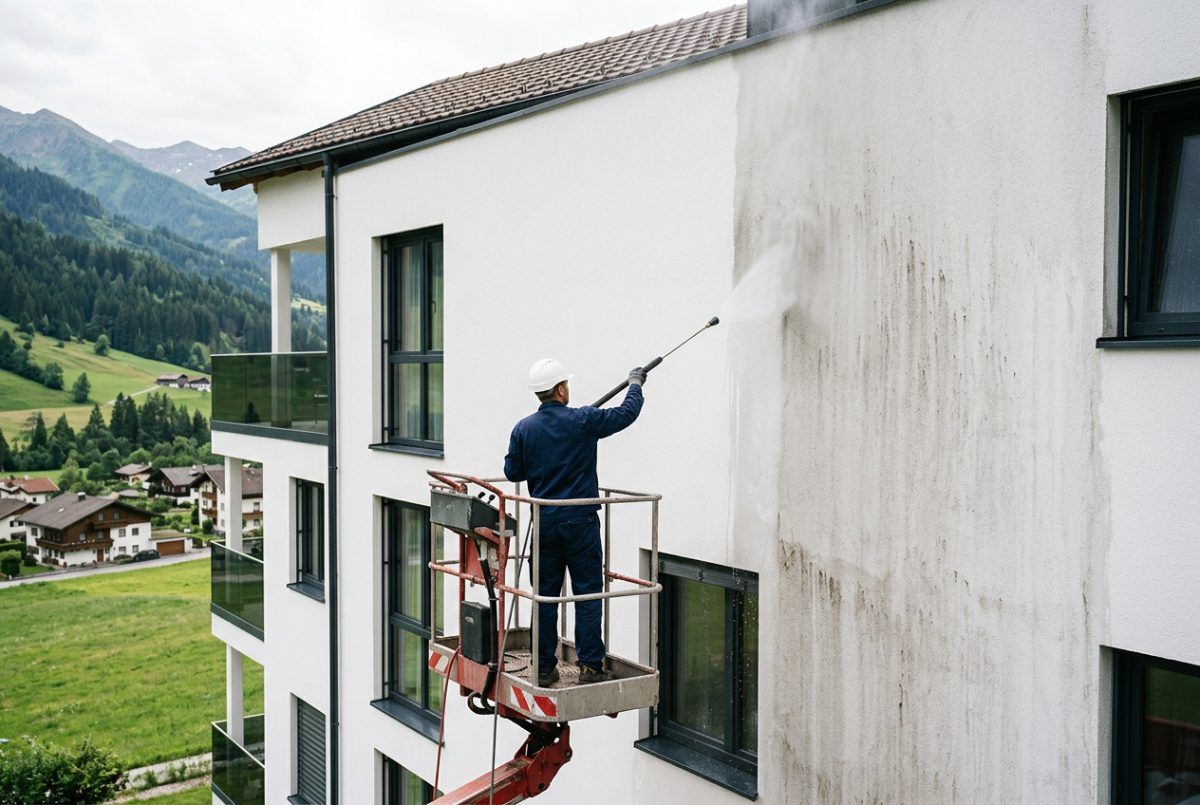 Fassadenreinigung mit Hubarbeitsbühne an einem Wohnhaus in Vorarlberg