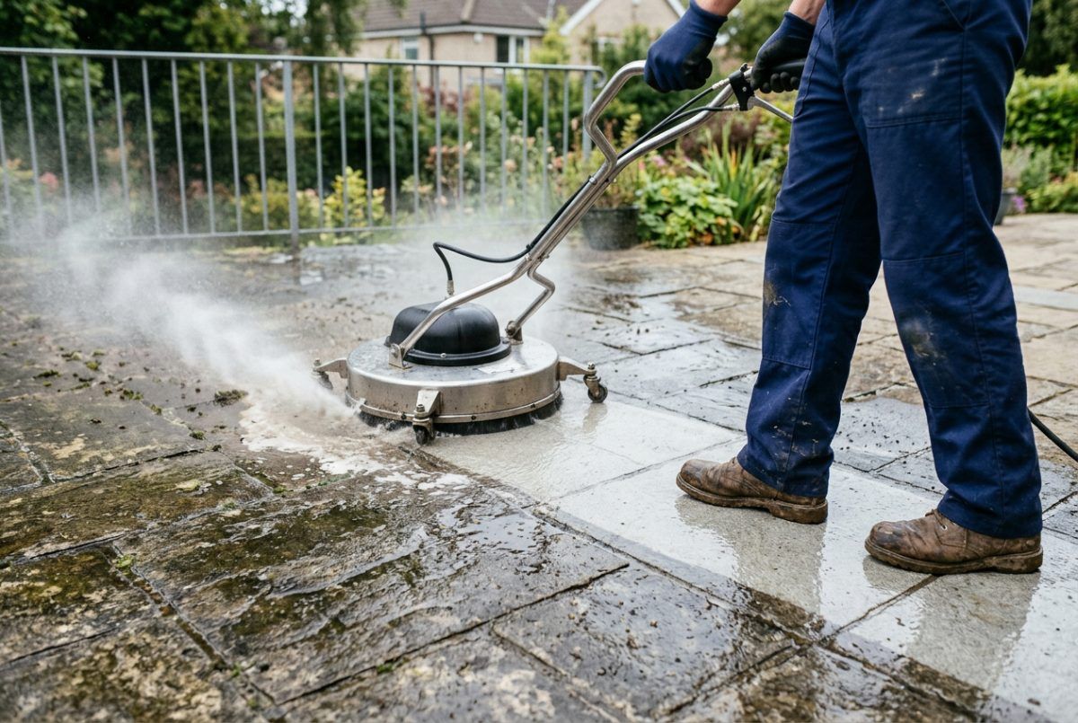 Steinbodenreinigung einer Terrasse mit Flächenreiniger