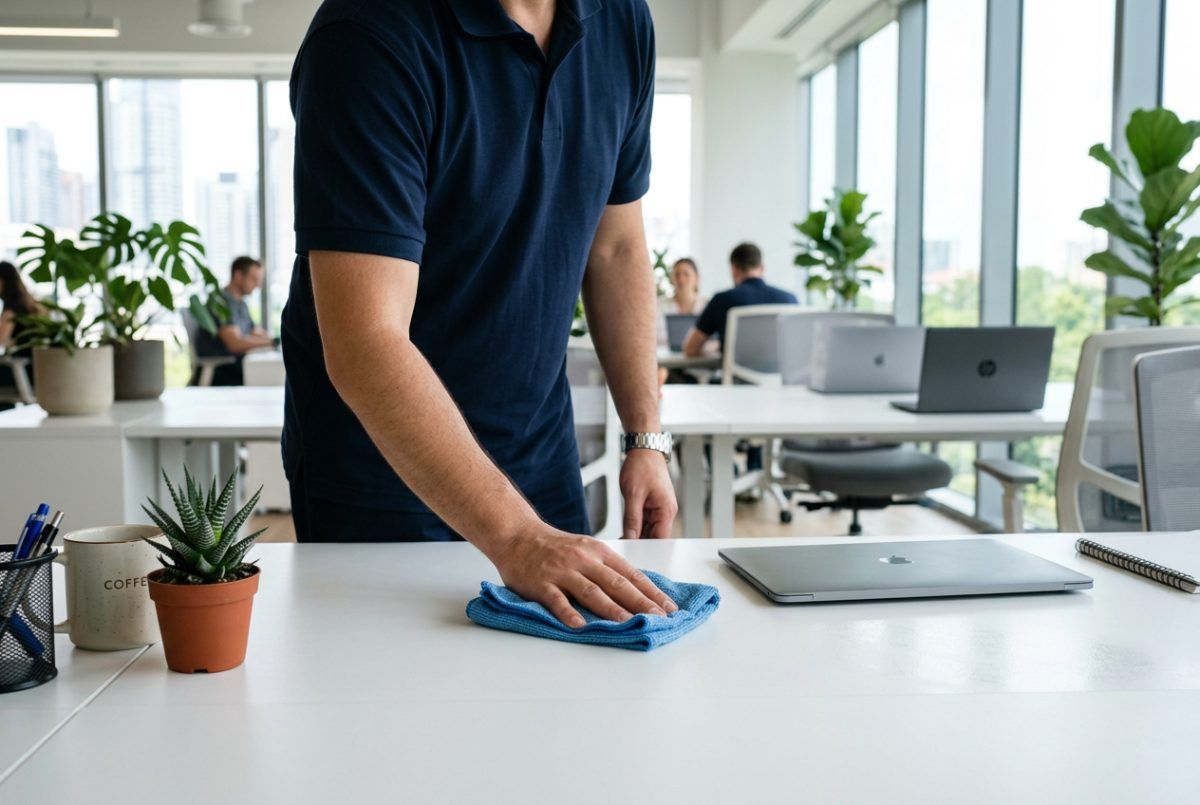 Unterhaltsreinigung im Büro: Schreibtisch wird gereinigt