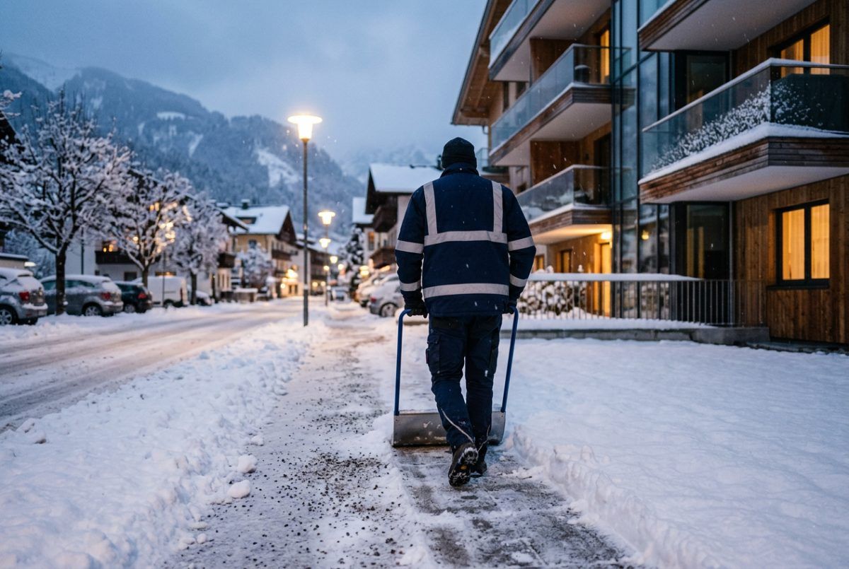 Winterdienst: Schneeräumung eines Gehwegs am frühen Morgen