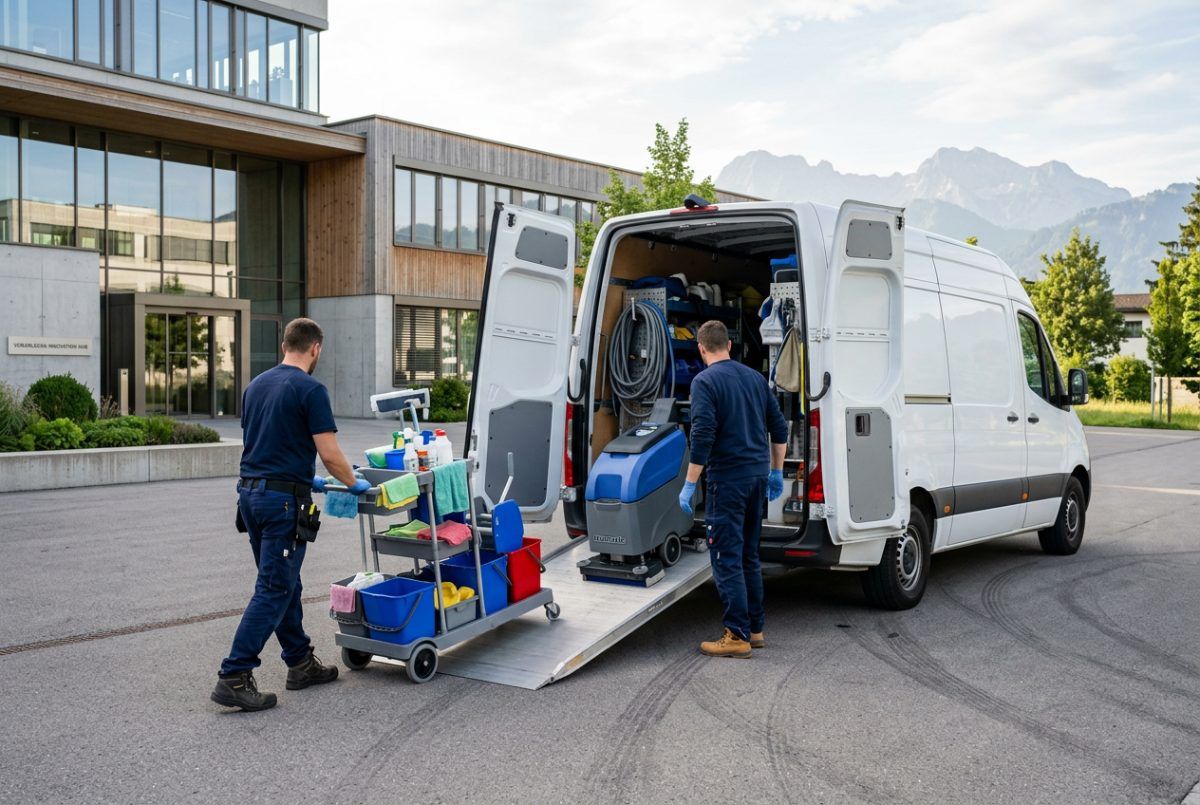 ADIS-Team lädt Reinigungsgeräte vor einem Bürogebäude in Vorarlberg aus